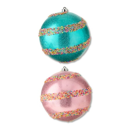 2-Count Pink and Blue Jumbo Shatterproof Christmas Ornaments with Multicolor Glitter Stripes, 7.87 in, by Holiday Time