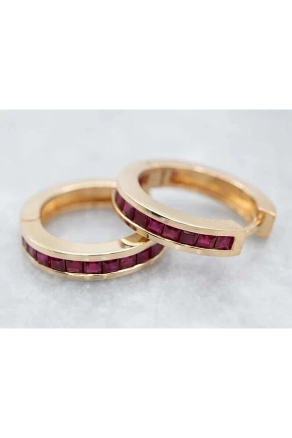 2CT Princess Cut Red Ruby 925 Silver Huggie Hoop Earrings 14K Yellow Gold Plated