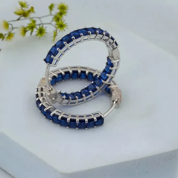 2CT Princess Lab Created Sapphire Inside Out Hoop Earring 14K White Gold Plated