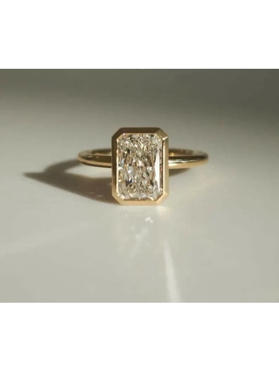 2CT Radiant Cut Lab Created Diamond Bezel Engagement Ring 14k Yellow Gold Plated