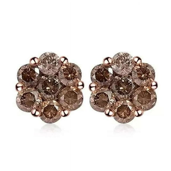 2CT Round Cut Brown Simulated Diamond 925 Silver Women's Flower Stud Earrings 14k Rose Gold Plated