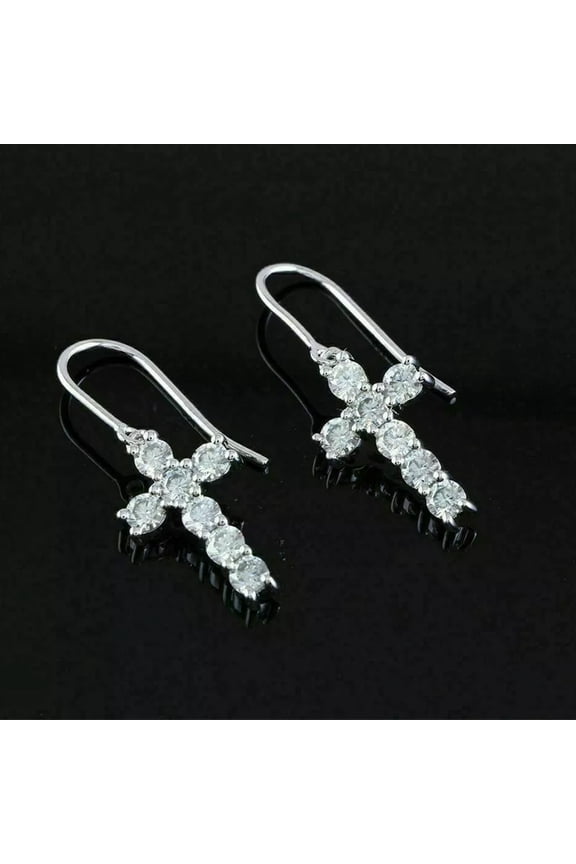 2CT Round Cut Lab Created Diamond Women's Drop Dangle Cross Earrings 14K White Gold Plated