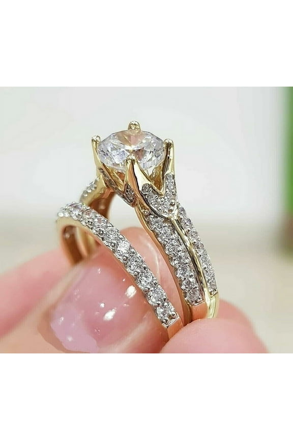 2CT Round Cut Lab Created Diamond Women's Wedding 14Ct Yellow Gold Plated Ring Set