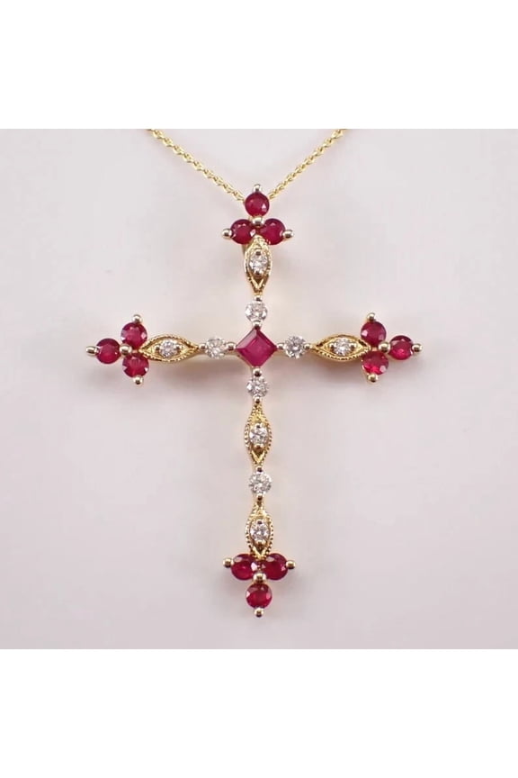 2CT Round Cut Lab-Created Pink Ruby Women Cross Pendant 14K Yellow Gold Plated