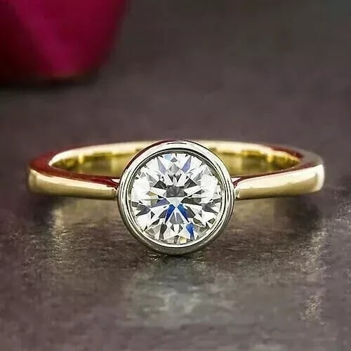 2CT Round Cut Natural Moissanite Diamond Bezel Set Wedding Ring 14K Yellow Gold Plated