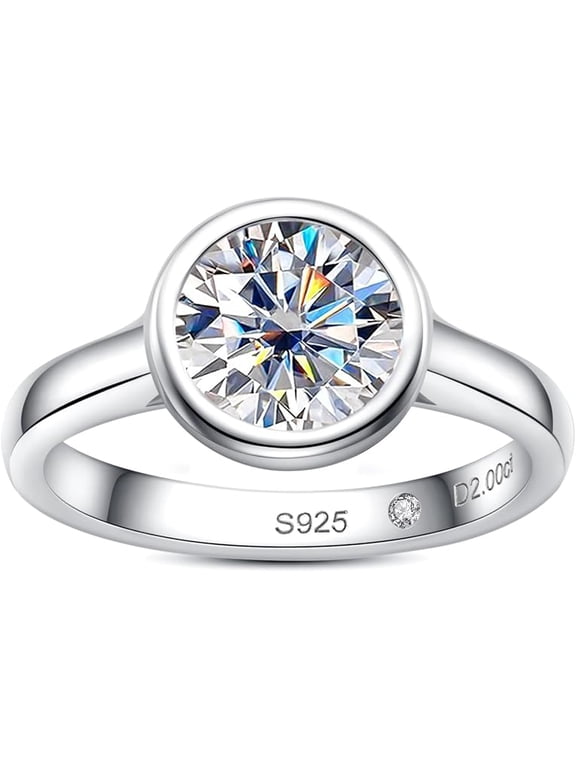 2CT Round Cut Simulated Diamond Bezel Setting Engagement Ring 14K White Gold Plated Modern Solitaire Promise Ring for Women