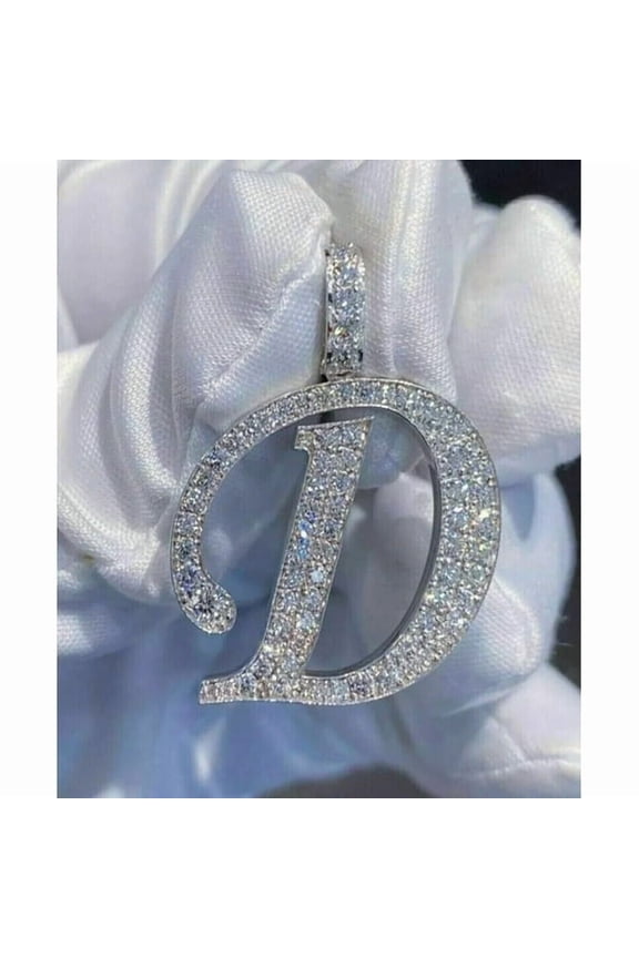2CT Round Cut Simulated Diamond Cluster Men's Letter D Pendant 14K White Gold Plated 925 Sterling Silver