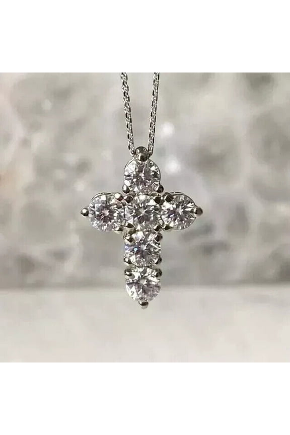 2CT Round Cut Simulated Diamond Cute Tiny CROSS Necklace VVS1 Clarity 925 Sterling Silver 14K White Gold Plated