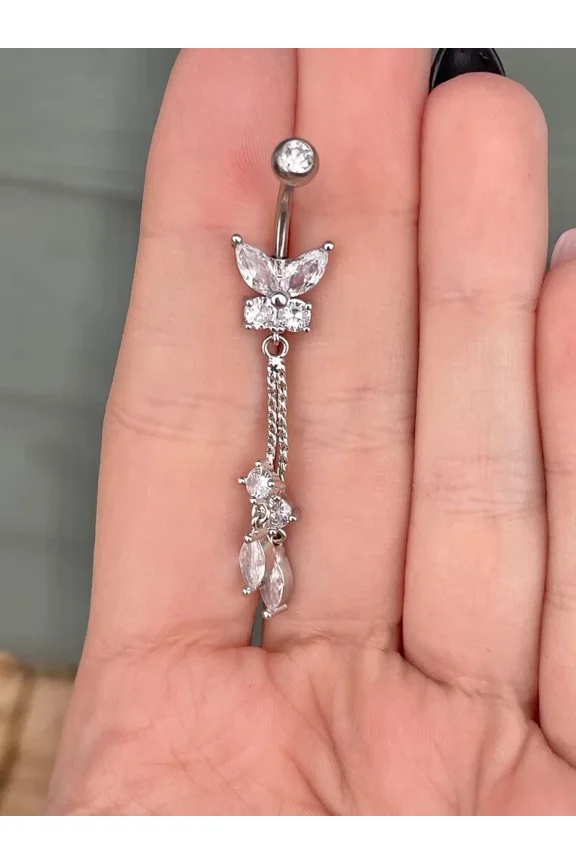 2CT Round Cut Simulated Diamond Women's Butterfly Dangle Belly Button 14K White Gold Plated 925 Sterling Silver