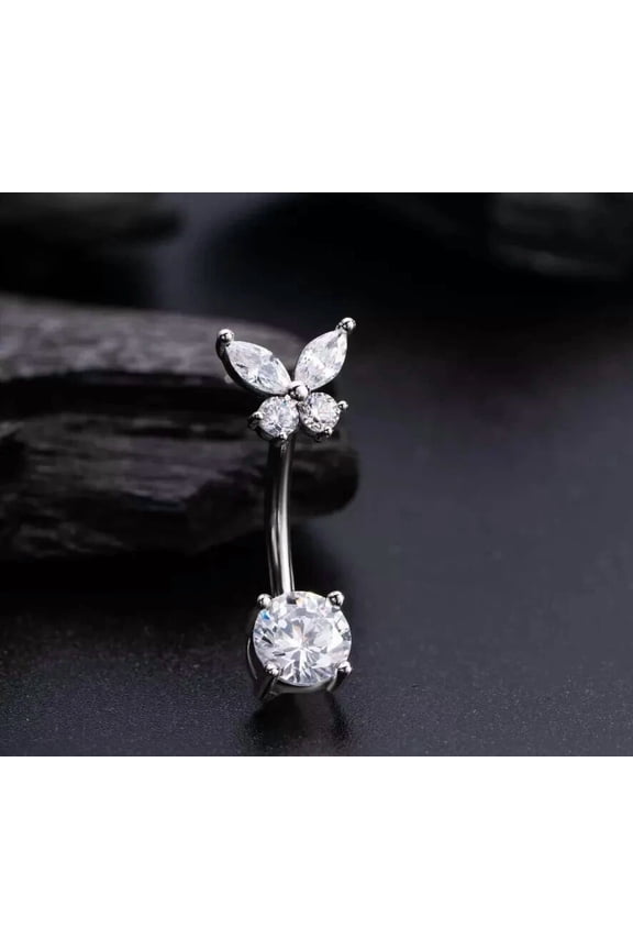 2CT Round Cut Simulated Diamond Women's Butterfly Navel Belly Button 14K White Gold Plated 925 Silver