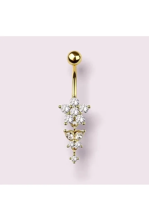 2CT Round Cut Simulated Diamond Women's Flower Dangle Belly Button 14K Yellow Gold Plated Silver