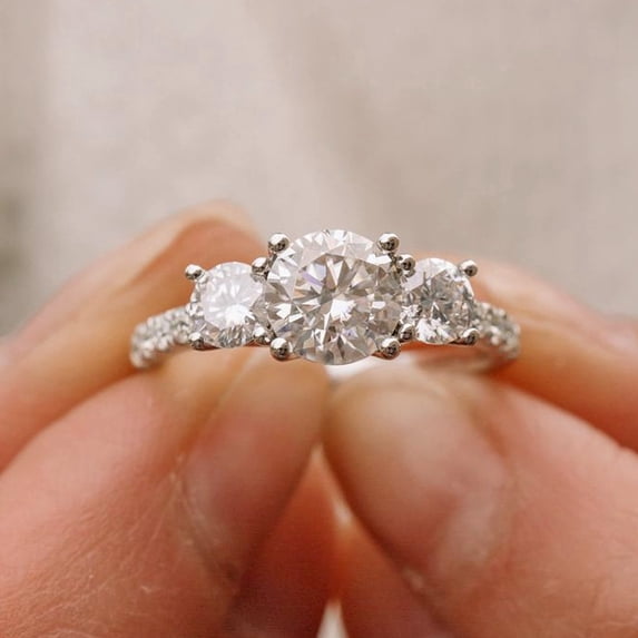 2CT Round Cut Simulated Diamond Women's Three Stone Engagement Ring 14k White Gold Plated