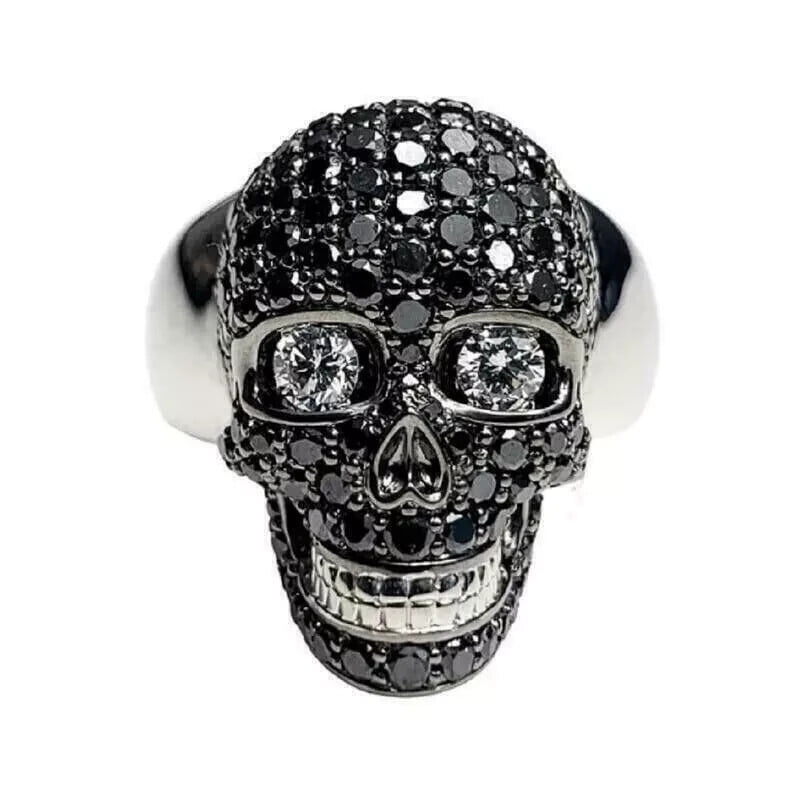 BLUESTARJEWEL 2CT Round Lab-Created Black Diamond Men's Skull Ring 14K Two Tone Gold Finish