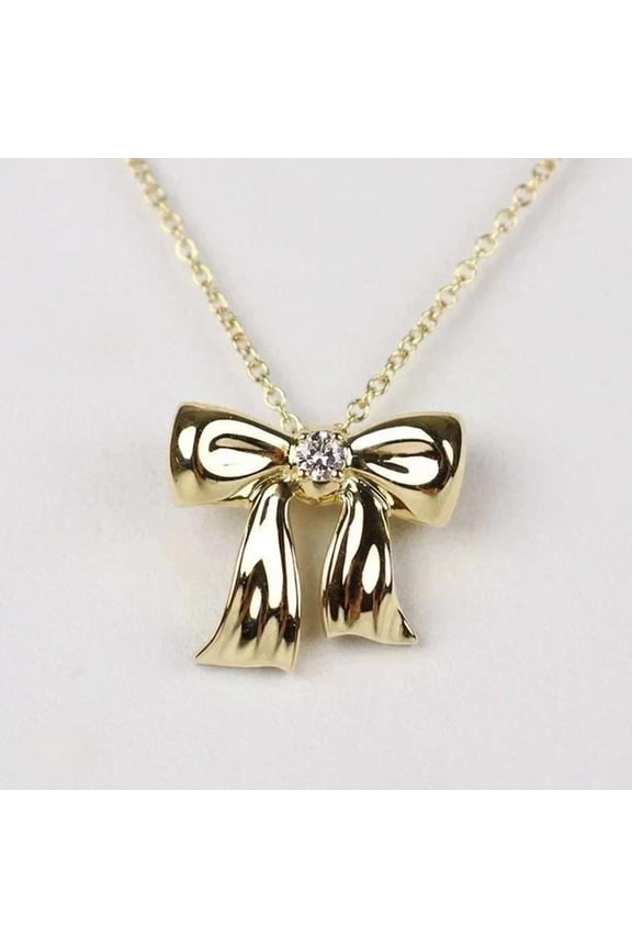 2CT Simulated Diamond 925 Silver Ribbon Bow Charm Pendant 14K Yellow Gold Plated