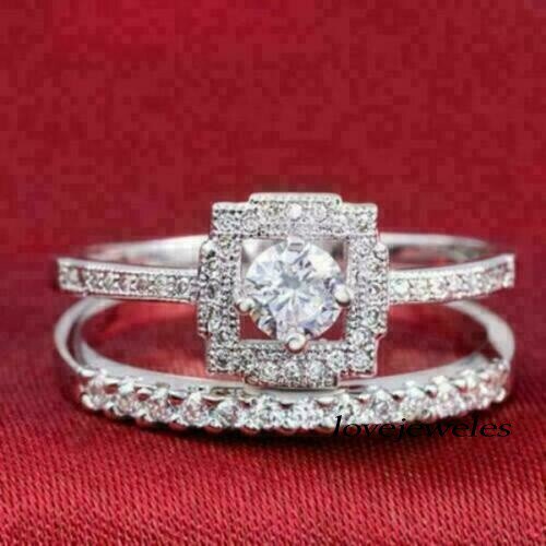 2CT Simulated Diamond Round Cut Engagement Wedding Ring Bridal Set 14K White Gold Plated Pure 925 Sterling Silver