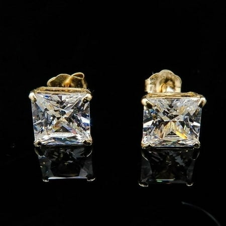 2CT Simulated Diamond Solid 14K Yellow Gold Princess-Cut Pushback Stud Earrings