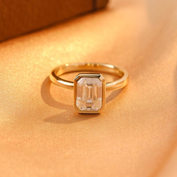 2CT Solitaire Bezel Emerald Cut Moissanite Engagement Ring, Yellow Gold Plated Anniversary Ring for Women