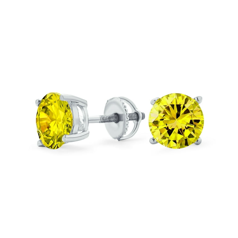 2CTSolitaire Round Canary Yellow AAA CZ Stud Earrings for Women 14K Gold Plated .925 Sterling Silver Screw Back 8MM