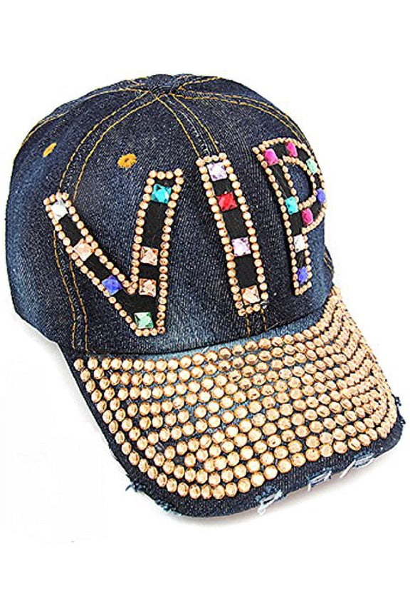 Adjustable Rhinestone & Glass Stone Denim Baseball Hat (Dark Blue)