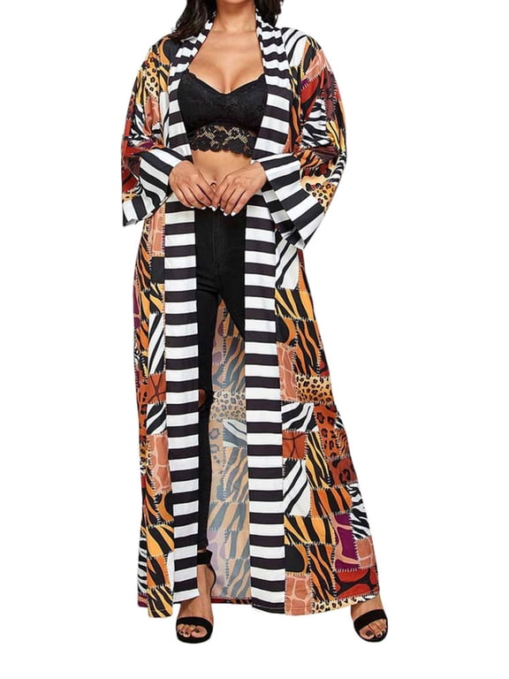 Women's Animal Print Long Kimono Duster Robe Coat Cover Up Kaftan