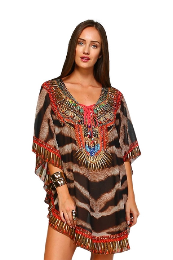 Women's Animal Printed Embellished Lace up Kaftan