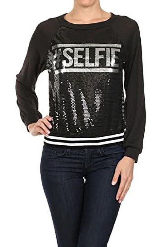 Women's Black Sequined Sweater Top with Striped Trim (medium)