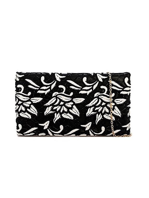 Women's Black & White Flower Embroidered Clutch