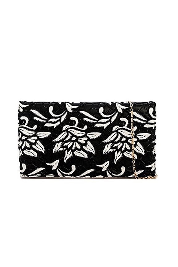 Women's Black & White Flower Embroidered Clutch
