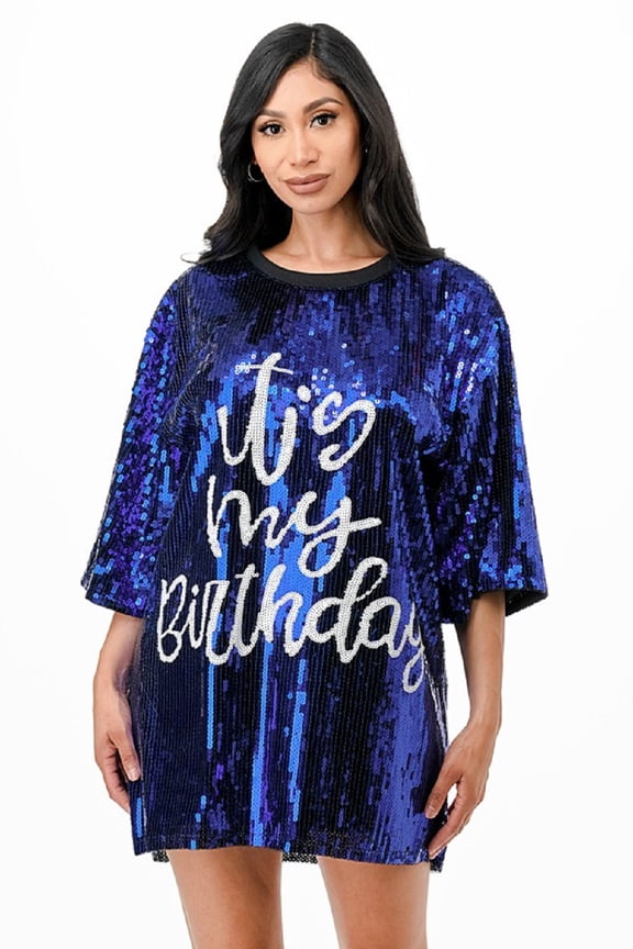 Women's Blue It's My Birthday Sequin T Shirt Dress One Size Regular