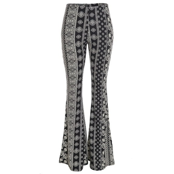 2Chique Boutique Women's Boho Print Brushed Knit Bell Bottoms Color Black and Taupe