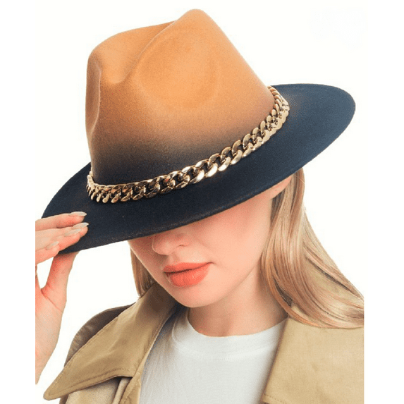 2Chique Boutique Women's Chunky Gold Chain Ombre Shade Standard Brim Fedora