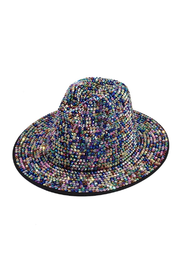 Women's Extra Bling Rhinestone Embellished Wide Brim Fedora Hat, Multicolor