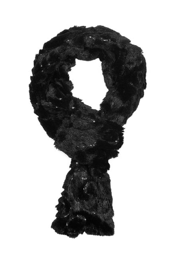 Women's Faux Fur Black Pull Through Sequin Scarf