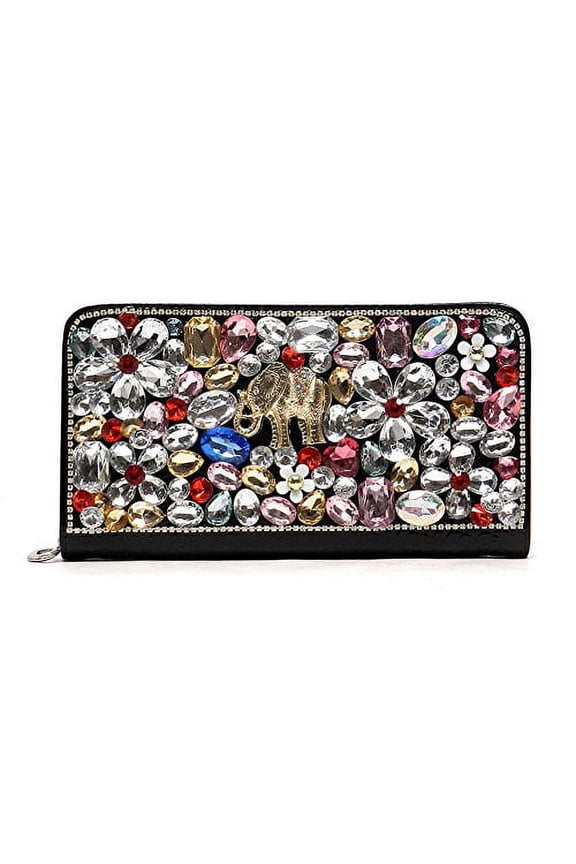 Women's Flower Gemstone and Rhinestone Embellished Clutch Bag