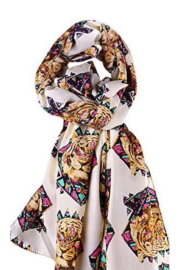 Women's Funky Tiger Face Print Fashion Scarf (cream)