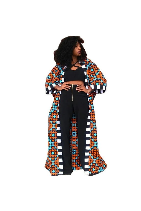 Women's Geometric Print Long Kimono Duster Robe Coat Cover Up Kaftan
