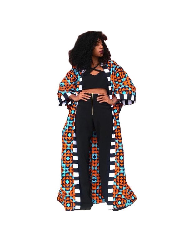 Women's Geometric Print Long Kimono Duster Robe Coat Cover Up Kaftan