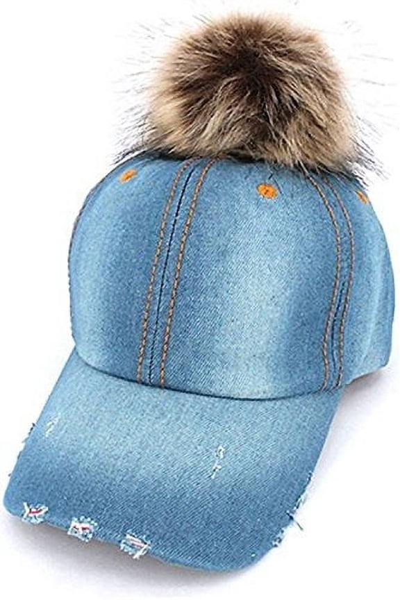 Women's Light Blue Denim Pom Pom Hat (Brown)