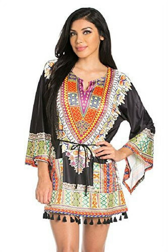 Women's Long Sleeve Printed Dress With String Belt and Tassel Hem (large)