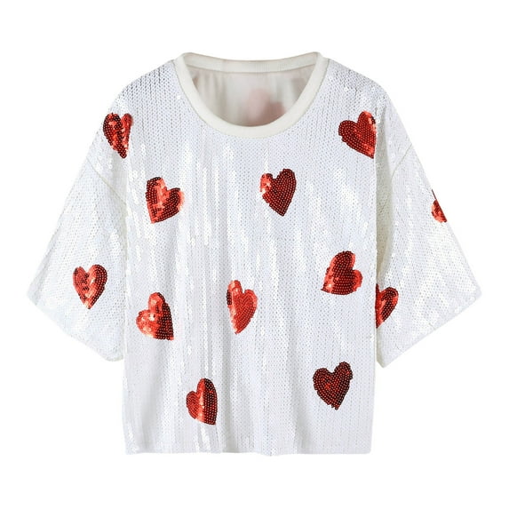 2Chique Boutique Women's Multiple Heart Sequin Crop Top One Size White Valentines Day Love