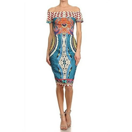 2Chique Boutique Women's Off the Shoulder Multicolored Abstract Print Dress (small)
