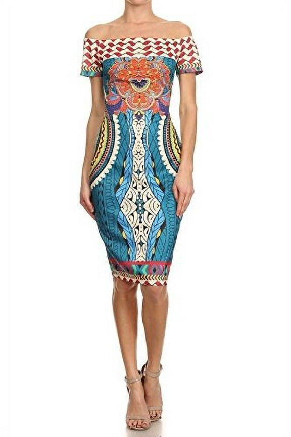 Women's Off the Shoulder Multicolored Abstract Print Dress (small)