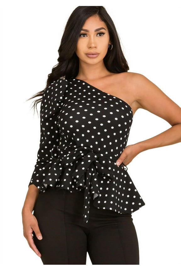 Women's One Shoulder Polka Dot 3/4 Sleeve Belted Peplum Fashion Top