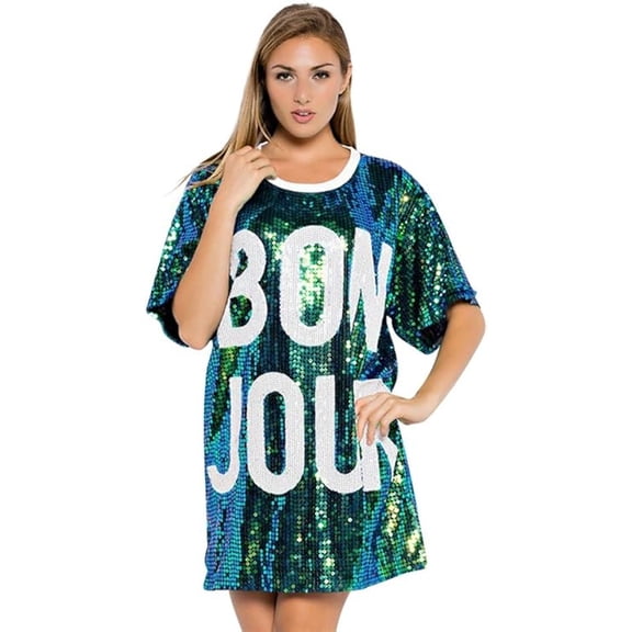2Chique Boutique Women's Oversized Sequins Classic Bonjour T-Shirt Dress