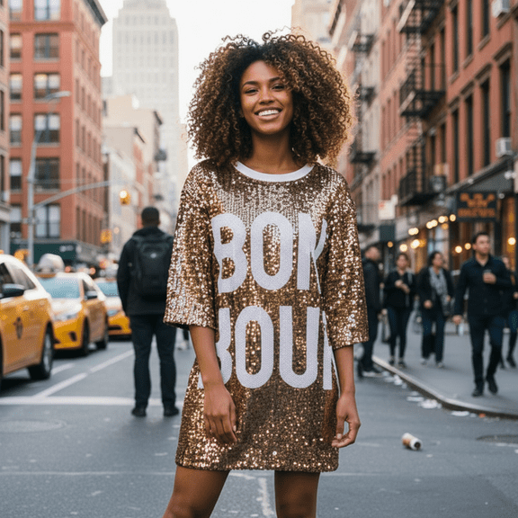 2Chique Boutique Women's Oversized Sequins Classic Bonjour T-Shirt Dress