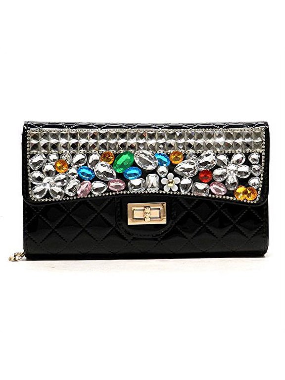 Women's Quilted Gemstone Embellished Evening Bag (Black)