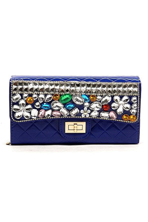 Women's Quilted Gemstone Embellished Evening Bag (Blue)