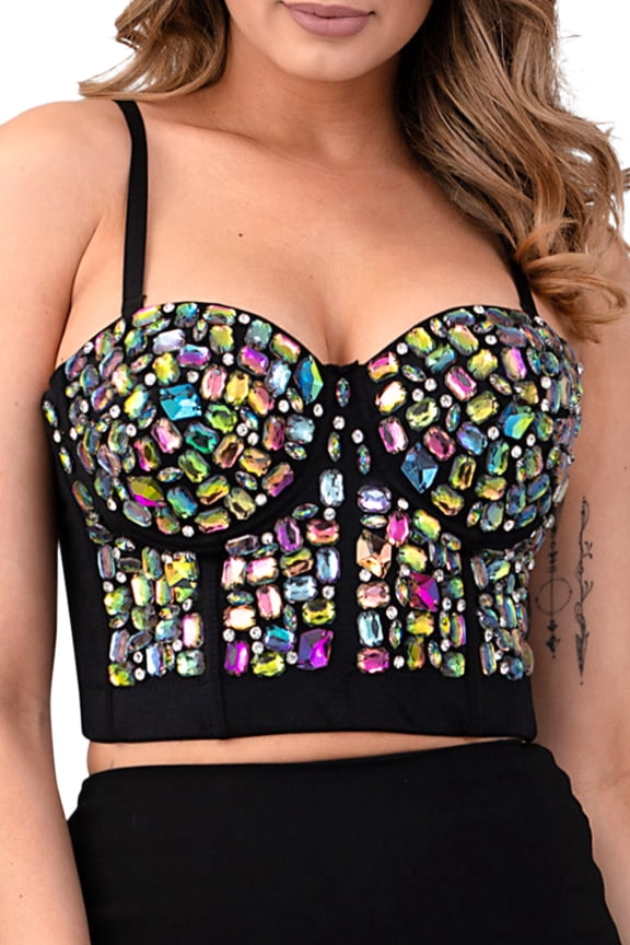 Women's Rhinestone Beaded Push Up Bustier Bra Crop Top