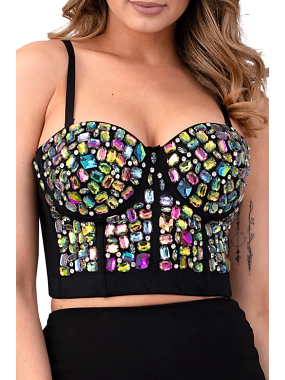 Women's Rhinestone Beaded Push Up Bustier Bra Crop Top