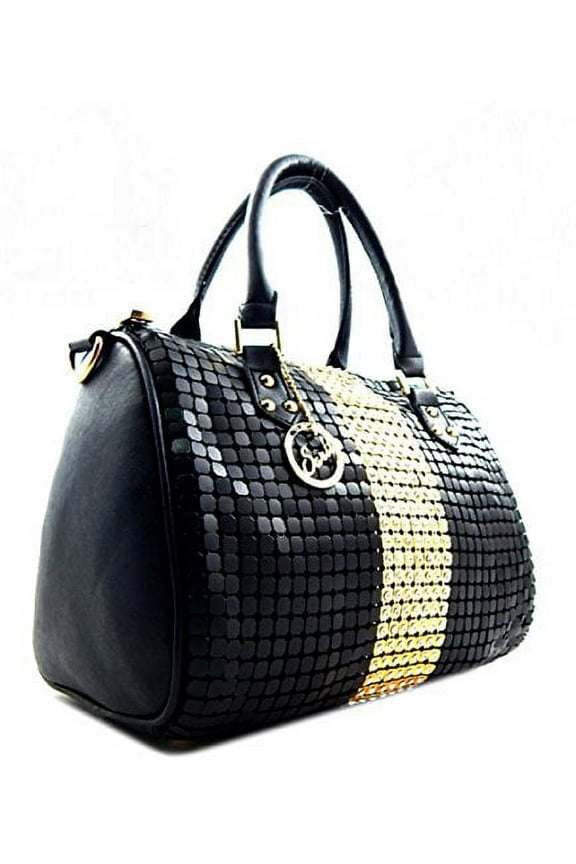 Women's Rhinestone and Metal Mesh Studded Boston Bag (Black/Gold)